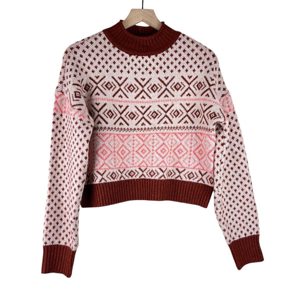 American Eagle Mock Neck Cropped Fair Isle Knit Sweater